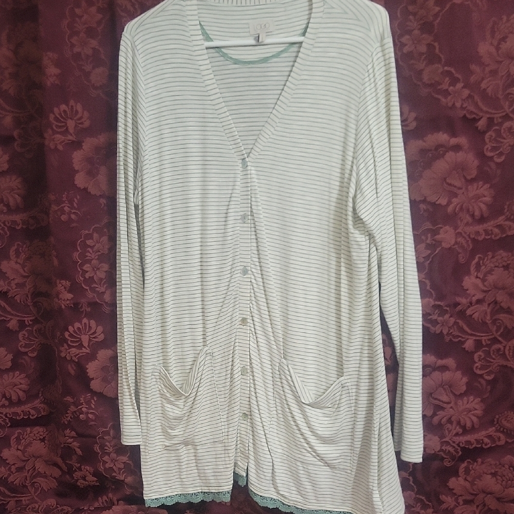 LOGO by Lori Goldstein Striped Cardigan - White and Green